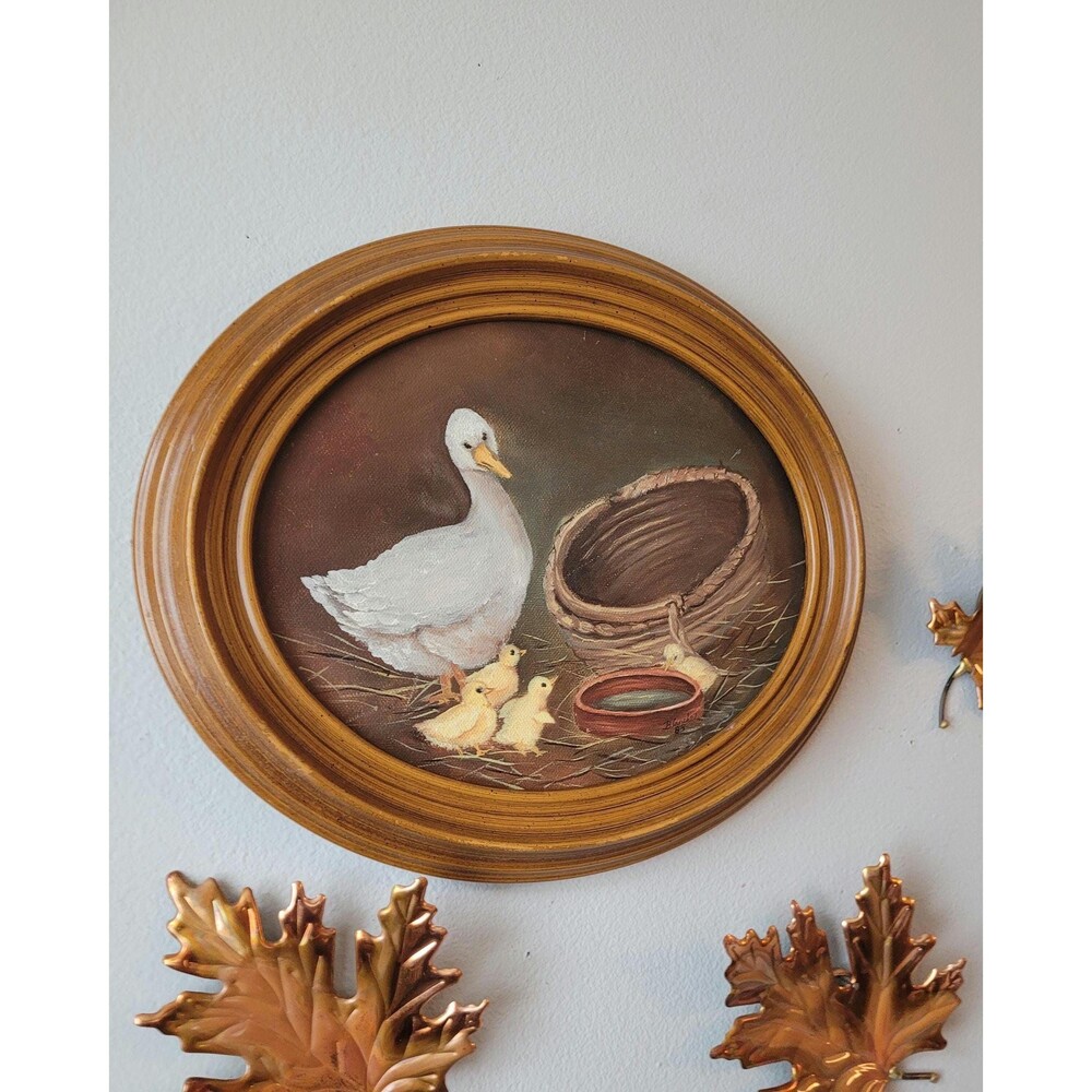 Vintage Mother Duck Ducklings Oil Painting Oval Frame Goose Original Art Signed